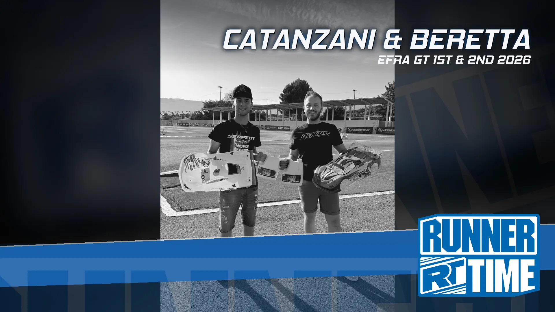 Andrea Catanzani and Filippo Beretta, 1st and 2nd at the 2026 EFRA European Championship 1:8 GT in Vila Real, with Runner Time fuel