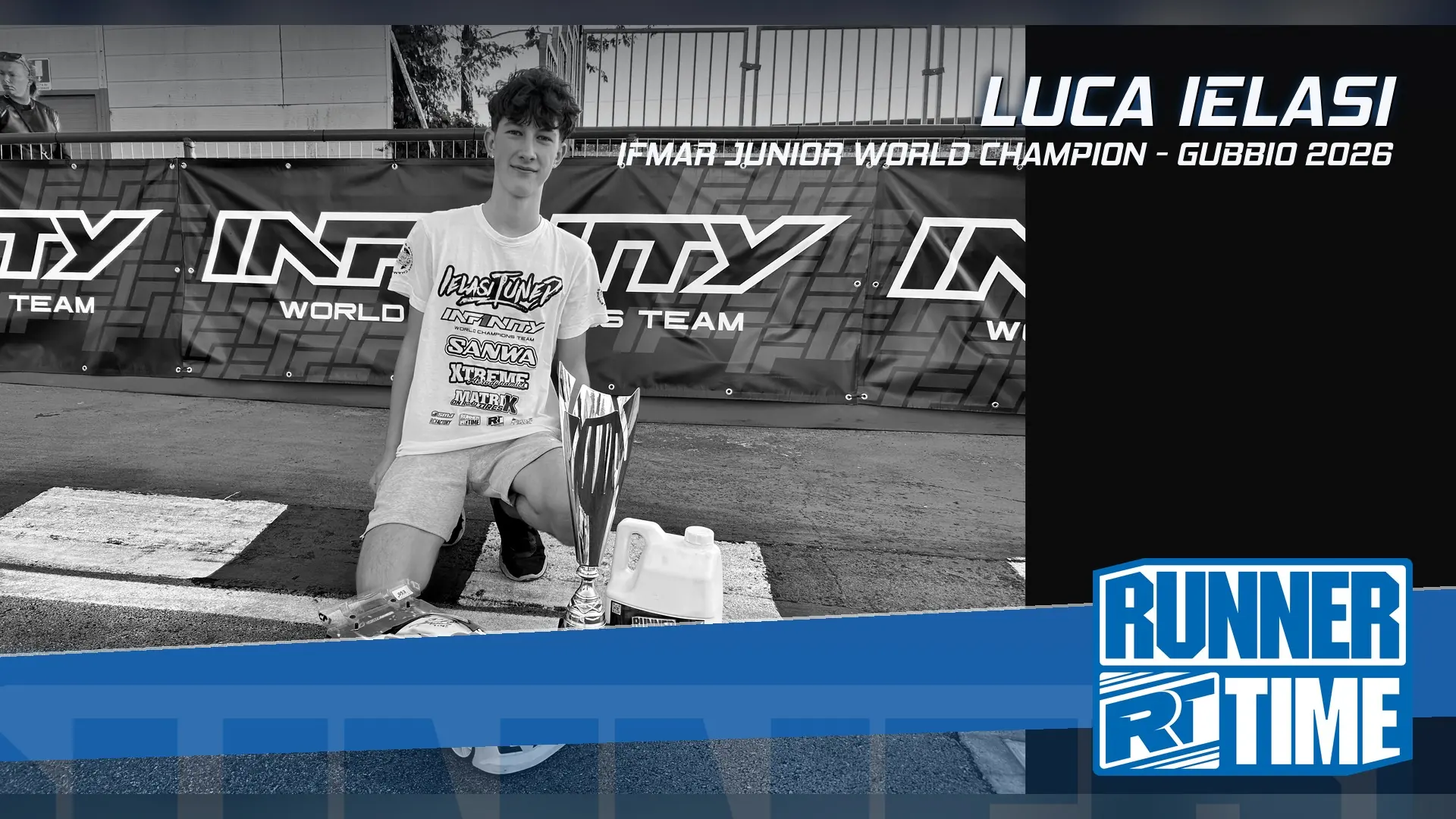Luca Ielasi, IFMAR Junior World Champion 2026 in Gubbio, with the trophy and Runner Time fuel